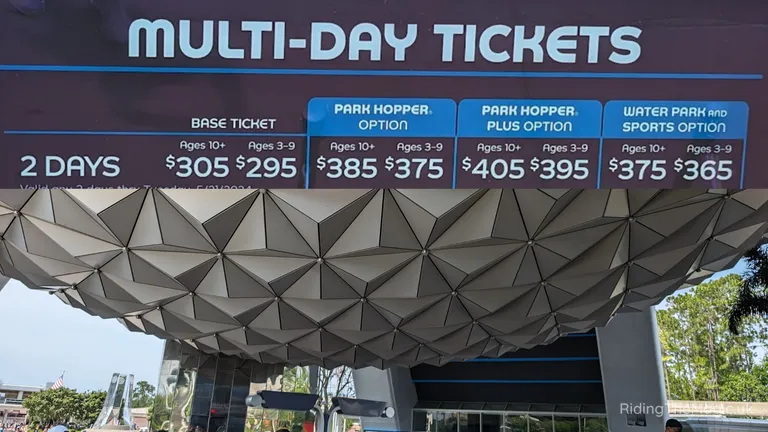 Multi-day ticket sign showing 2-day prices for ages 10+ and 3–9, with base, Park Hopper and water park options.