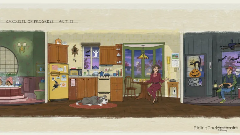 Illustrated multi-room house scene with a kitchen, bathroom and porch, featuring characters and a dog.