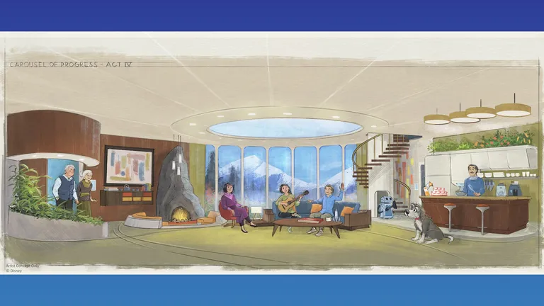 Interior design sketch of a spacious lounge with seating, fireplace, staircase and bar area