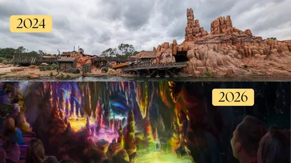 Comparison of a rocky themed attraction in 2024 and a colourful underground scene in 2026.