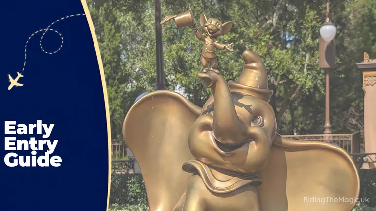 Early Entry Guide with golden Dumbo statue and Jiminy Cricket figurine