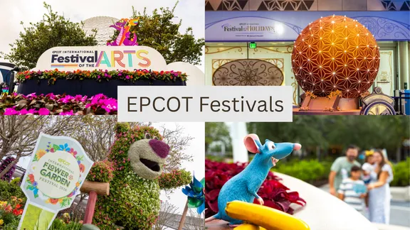 Collage of EPCOT festival signs, a glowing sphere and Disney character topiary, labelled “EPCOT Festivals”