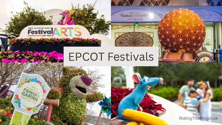 Collage of EPCOT festival signs, a glowing sphere and Disney character topiary, labelled “EPCOT Festivals”