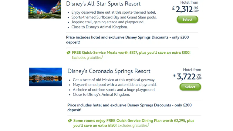 Disney resort listings: All-Star Sports from £2,312 and Coronado Springs from £3,722, with hotel details and Select buttons.