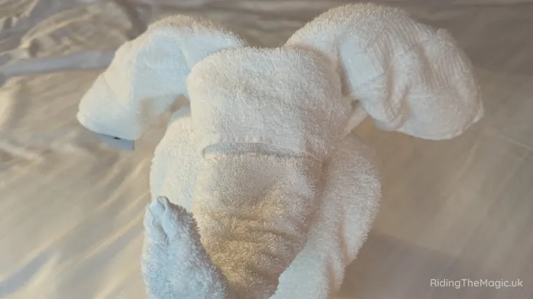 Towel folded to resemble an elephant with floppy ears.