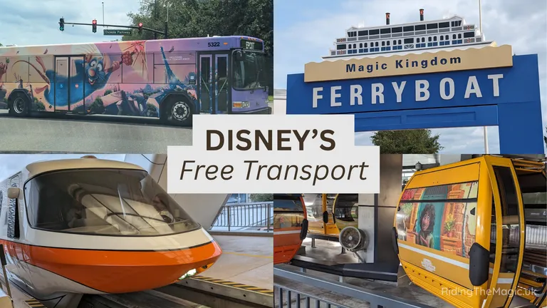 Collage of Disney free transport options, including bus, ferryboat, monorail and gondola, with text “DISNEY’S Free Transport”
