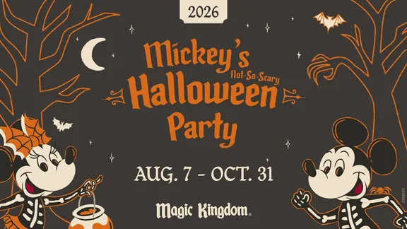 Mickey’s Not-So-Scary Halloween Party 2026 at Magic Kingdom, August 7–October 31, featuring Mickey and Minnie in skeleton costumes.