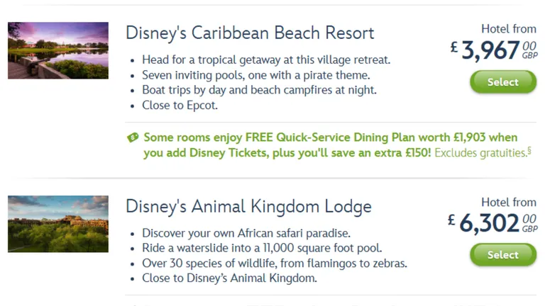 Disney hotel listings for Caribbean Beach Resort and Animal Kingdom Lodge with prices and Select buttons