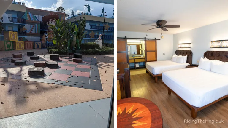 Colourful hotel courtyard with circular seating beside a twin bedroom with two beds and wooden furnishings.