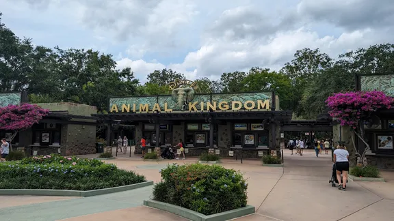 Entrance to Disney’s Animal Kingdom theme park, with the park name displayed above the gates.