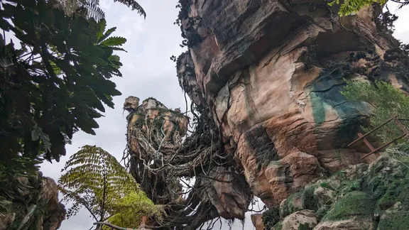 Massive weathered rock formations covered with vines and tropical vegetation.