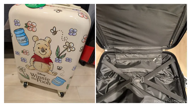Winnie the Pooh children’s suitcase shown closed with floral artwork and open, revealing its lined interior and cross straps.