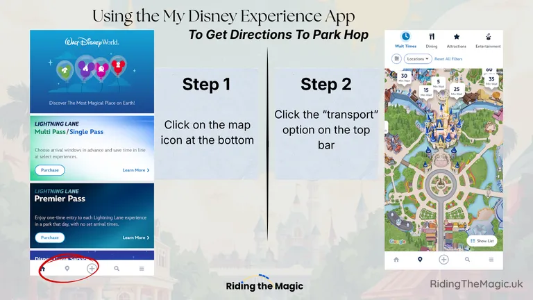 Tutorial screenshot of the My Disney Experience app instructing to tap the bottom map icon then the top "Transport" option to get park-hop directions.