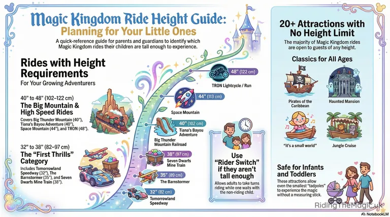 Colorful infographic titled "Magic Kingdom Ride Height Guide" showing illustrated ride height requirements, categorized attractions, and parenting tips for young children.