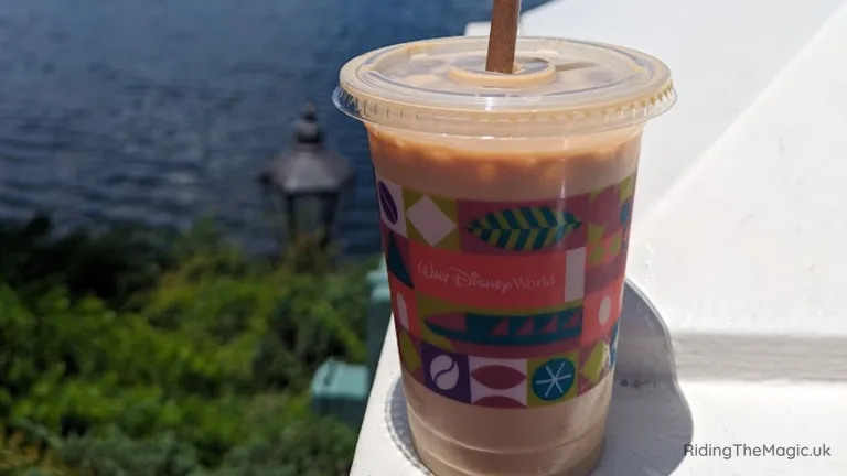Iced drink in a Disney World cup on a white ledge by the water