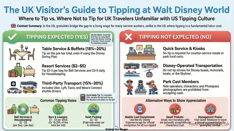 Infographic titled "The UK Visitor’s Guide to Tipping at Walt Disney World" showing which services to tip (table service, resort staff, third‑party transport) and which not to (quick‑service, Disney transport, park cast members).