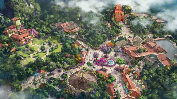 A colorful aerial view of a lush tropical village with temples, pathways, and gardens surrounded by misty jungle.
