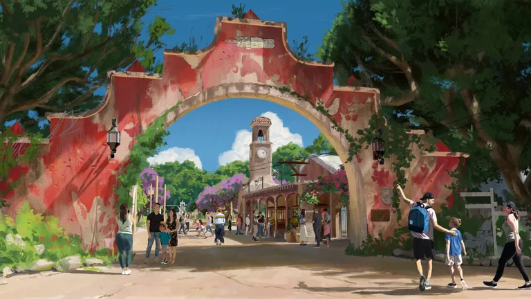 Illustrated theme-park entrance with a red archway, clock tower, and visitors walking beneath trees.
