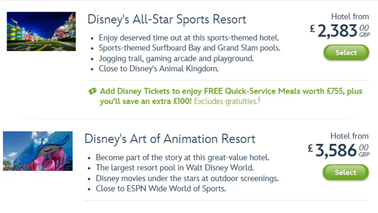 Comparison of Disney resorts with prices and Select buttons, including Disney’s All-Star Sports Resort and Disney’s Art of Animation Resort.