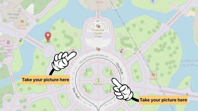 Map highlighting two photo locations, with hand pointers labelled “Take your picture here”.