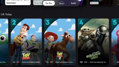 Streaming catalogue showing posters for Toy Story, Toy Story 2 and The Mandalorian.