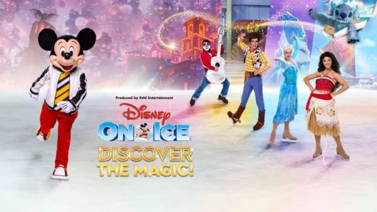Disney On Ice promotional graphic featuring Mickey Mouse and skaters, with text: “Disney On Ice: Discover the Magic!”