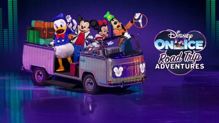 Disney characters riding in a decorated van beside text reading “Disney On Ice Road Trip Adventures”.