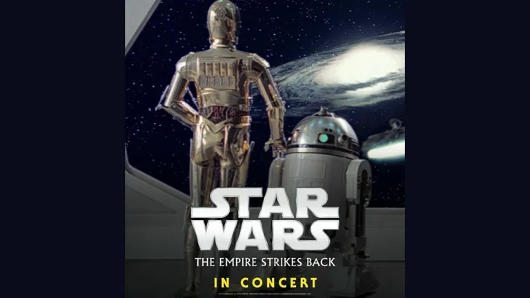 Star Wars: The Empire Strikes Back in Concert poster featuring C-3PO and R2-D2 against a starry space background.