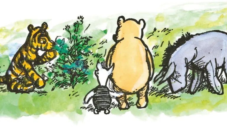 Winnie-the-Pooh and friends gathered outdoors, with Tigger partly hidden behind bushes and Eeyore beside Pooh.