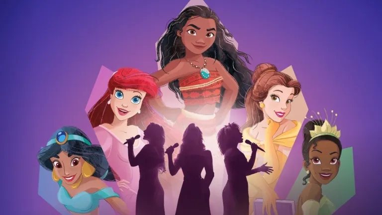 Collage of Disney princesses, including Moana, Ariel, Belle and Tiana, surrounding dancing silhouettes.