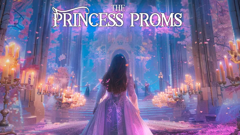 The Princess Proms promotional artwork: a girl in a purple gown walking through an enchanted, candlelit forest.