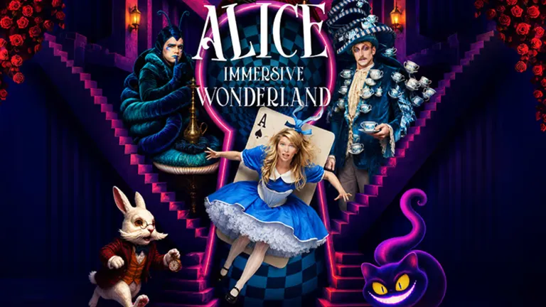 Alice: Immersive Wonderland event poster featuring Alice, the Mad Hatter, a rabbit and a grinning purple Cheshire Cat.