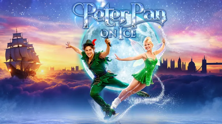 Peter Pan on Ice poster featuring skaters dressed as Peter Pan and Tinker Bell leaping against a sunset cityscape.
