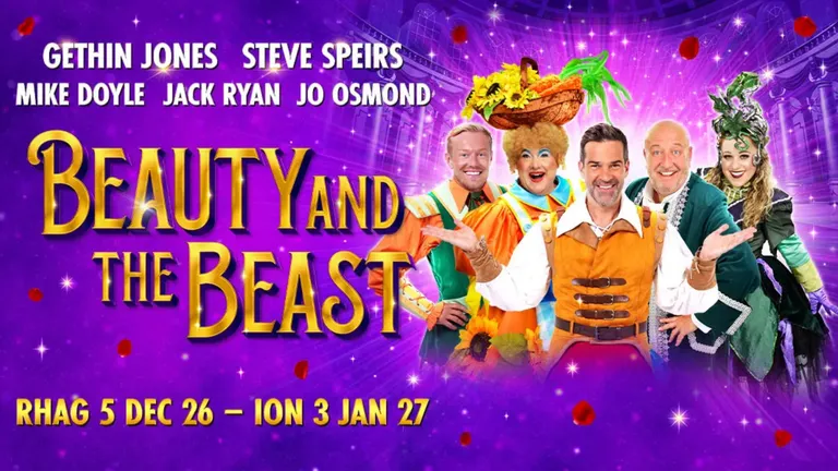 Beauty and the Beast pantomime poster featuring five performers, running 25 December 2026 to 10 January 2027.