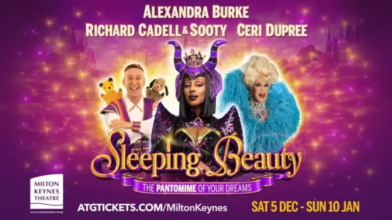 Sleeping Beauty pantomime poster featuring Alexandra Burke, Richard Cadell & Sooty, and Ceri Dupree; performances 5 December–10 December.