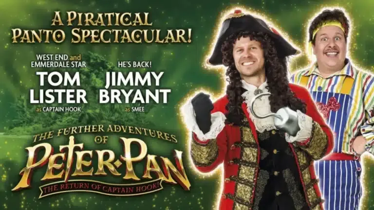 Pirate-themed event poster featuring Jimmy Bryant as Captain Hook and text promoting further adventures of Peter Pan.