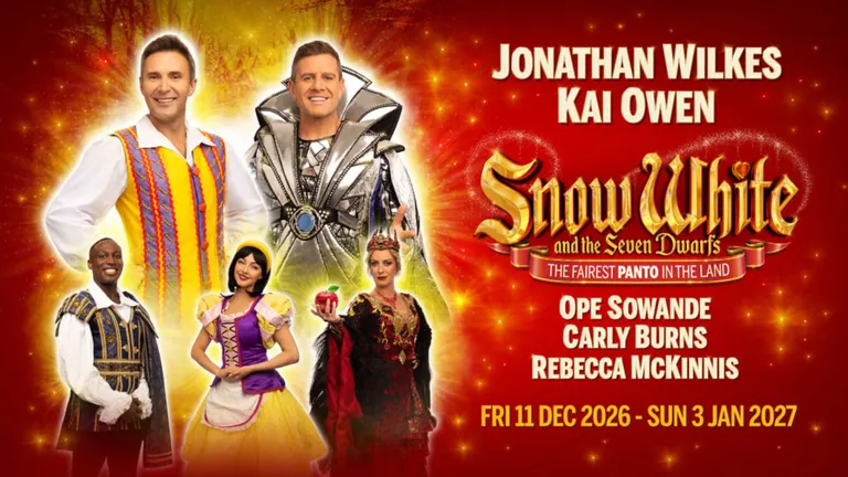 Promotional poster for Snow White and the Seven Dwarfs, featuring cast members and performances from 11 December 2026 to 3 January.