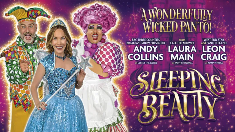 Promotional poster for A Wonderful Wicked Panto: Sleeping Beauty, featuring performers in colourful costumes.