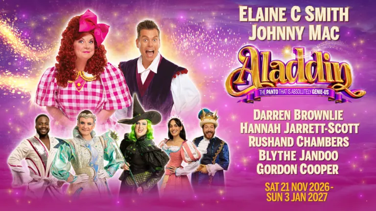 Aladdin pantomime poster featuring Elaine C. Smith, Johnny Mac and cast; performances run 21 November 2026–3 January 2027.