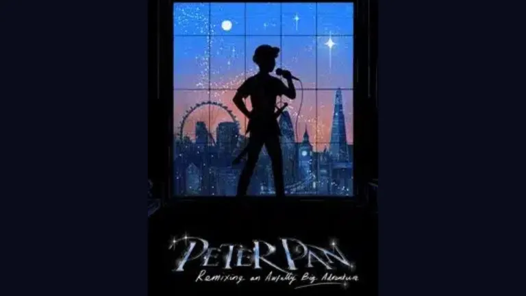 Poster titled “Peter Pan”, featuring a silhouetted singer holding a microphone before a city skyline at sunset.