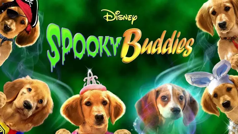 Disney Spooky Buddies film poster featuring puppies against a green, spooky background.