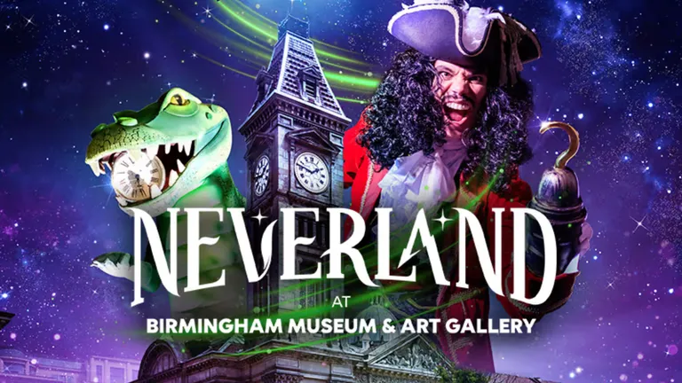 Neverland at Birmingham Museum & Art Gallery, featuring Captain Hook, a crocodile and a clock tower.