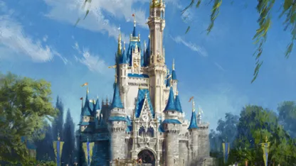 A painting of Cinderella's Castle with blue and white colors and a blue sky