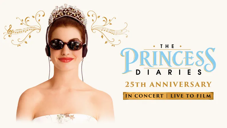 Anne Hathaway wearing a tiara, sunglasses and headphones beside text reading “The Princess Diaries 25th Anniversary”.