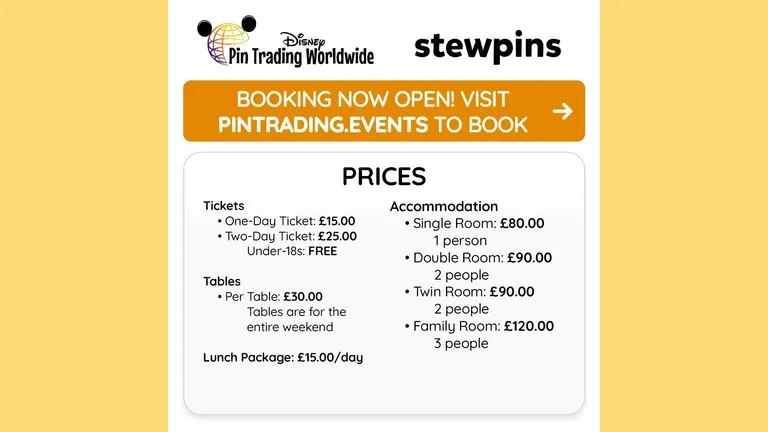 Disney Pin Trading Worldwide Stewpins: booking open at pintrading.events. Prices: tickets £15–£25; accommodation £80–£120.