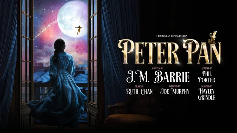 Peter Pan poster showing a child at a window beneath a moonlit sky, with credits to J. M. Barrie.