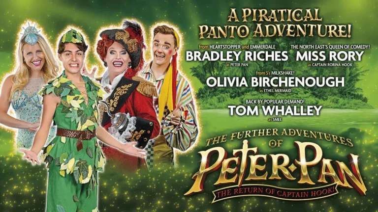 Poster for a pantomime adventure, “Peter Pan: The Return of Captain Hook”, featuring three cast members and production text.