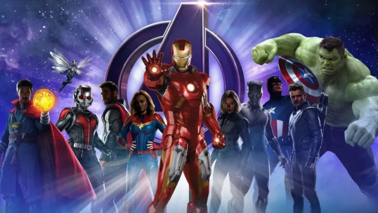 Superhero ensemble featuring Iron Man, Captain America, Hulk, and other Marvel characters.