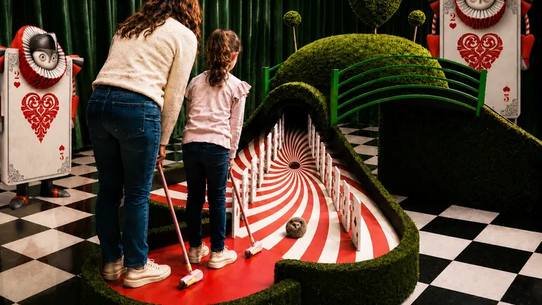 Woman and child playing mini golf on a red-and-white spiral course.