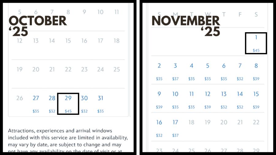 Calendar showing October 29 and November 1 with prices